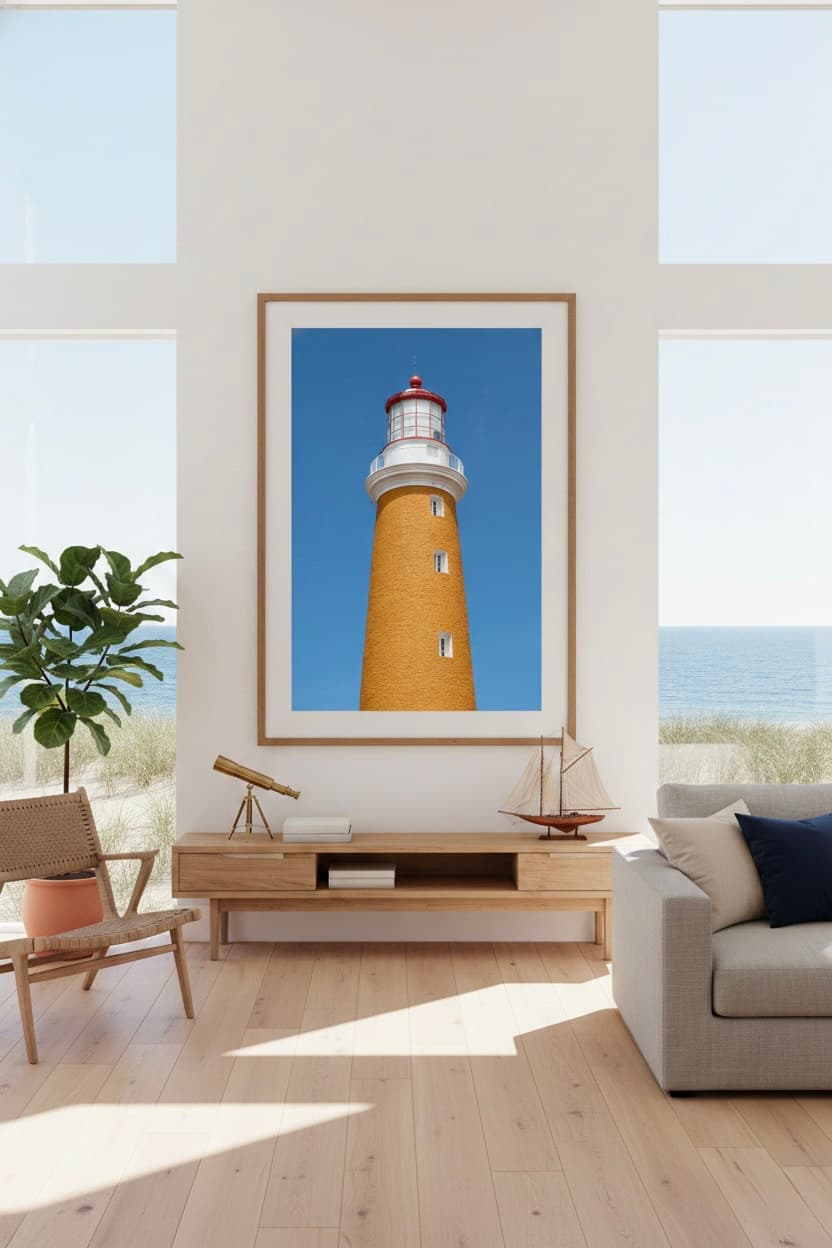 The lighthouse's silhouette stands out in your beach house living room.