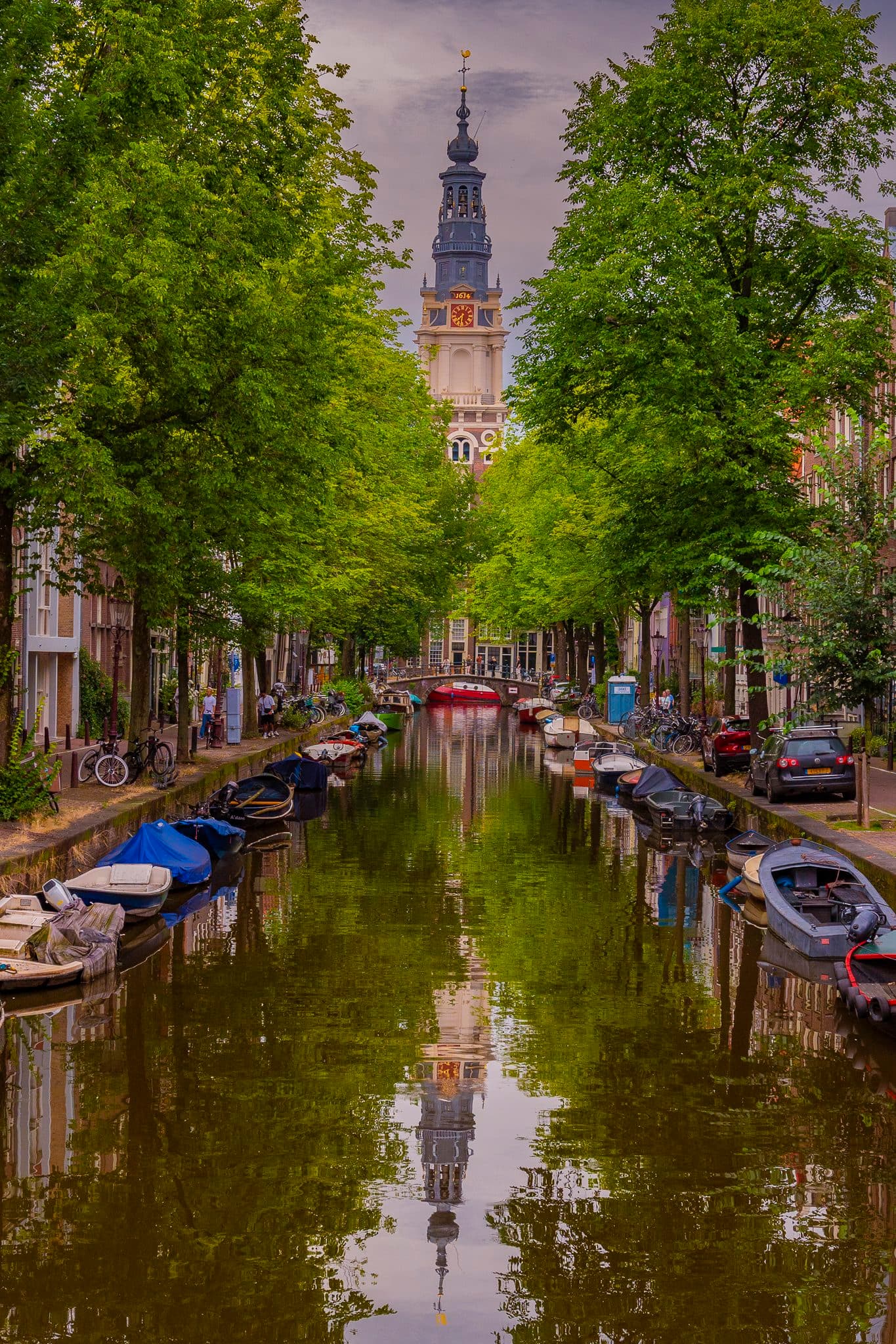 Amsterdam canal with the Zuiderkerk tower in the background
