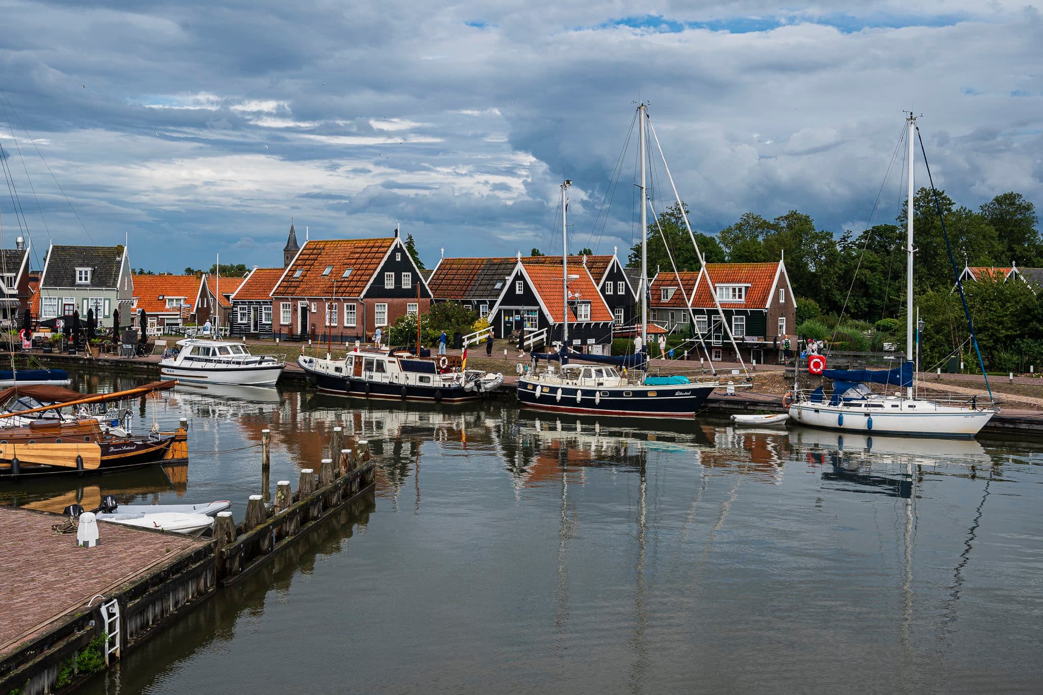 Marken harbor with moored sailboats